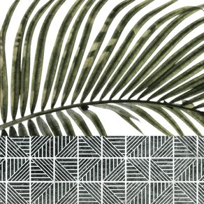 PALM LEAVES ON WHITE WALL AND CERAMIC TILES